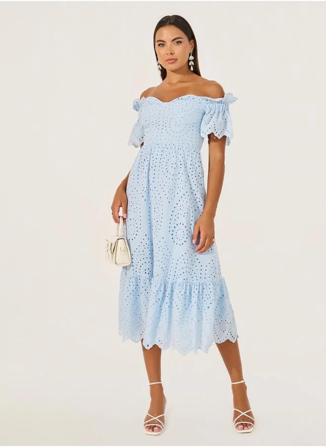 Styli Schiffli Off Shoulder Neck A-Line Midi Dress