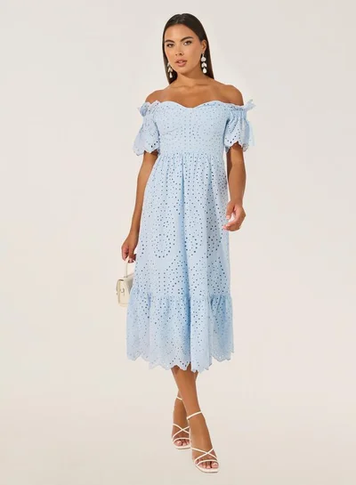 Styli Schiffli Off Shoulder Neck A-Line Midi Dress