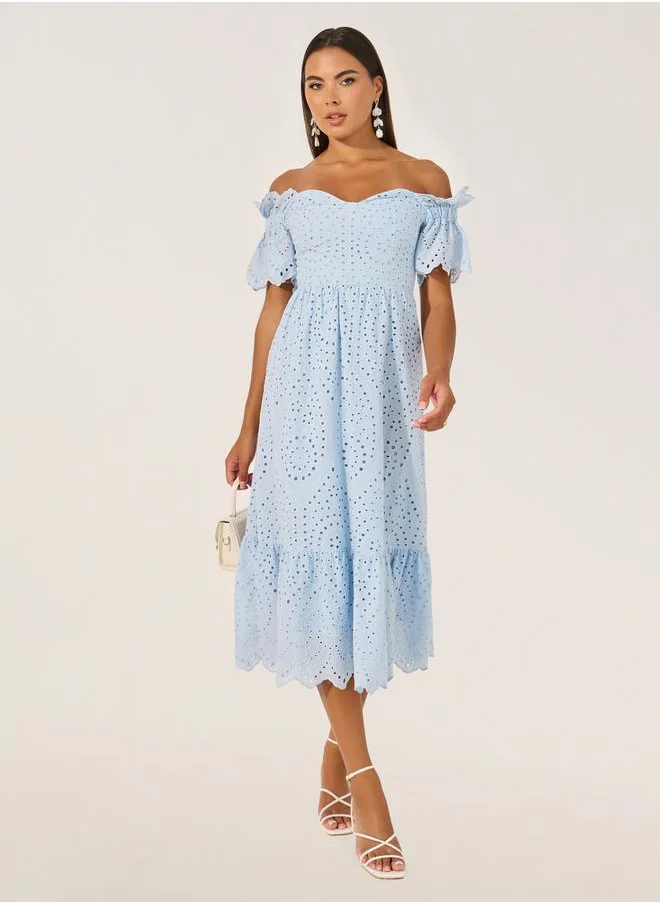 ستايلي Schiffli Off Shoulder Neck A-Line Midi Dress