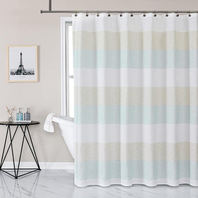 Spa Tan Stripe Fabric Shower Curtain Water Resistant Color Block Stripe Print Bathroom Spa Hotel Decorative Shower Curtain Liner with 12 GrommetsSpa BlueTan 70x72