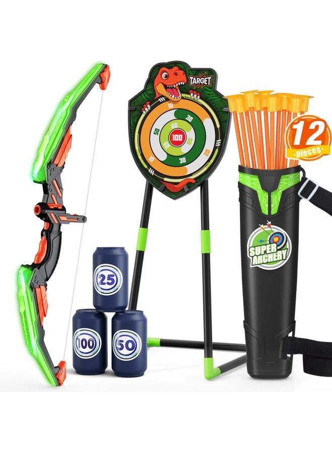 HYES Bow and Arrow for Kids, LED Light Up Archery Set with 12 Suction Cup Arrows, 1 Standing Target, 3 Score Targets & 1 Quiver, Indoor Outdoor Sport Gifts for Boys Girls Ages 4-12, Green - Image 1