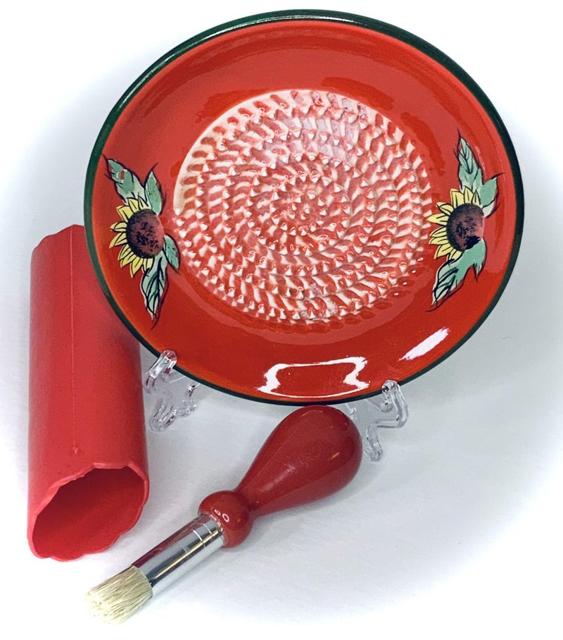 BonCera, All-in-one Premium Ceramic Garlic Grater Plate 4-Piece Set - Red Sunflower Design, Classic Style - For Garlic, Ginger, Chocolate, and more! - Comes with 5.25" Plate, Peeler, Brush, and Stand - Image 2