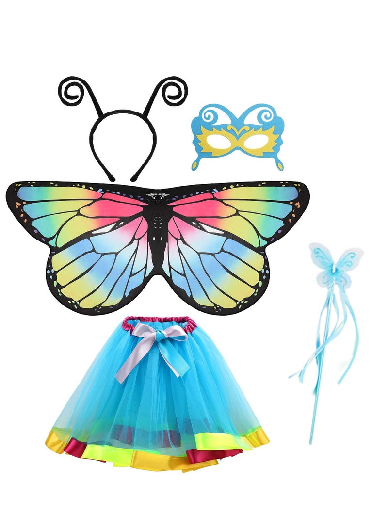 SOLARAE Fairy Costume Set for Girls Butterfly Clothes Rainbow Tutu Outfit Dress Eye Covering Antenna Headband Hairpin Wand for Age 3-8 - Image 1