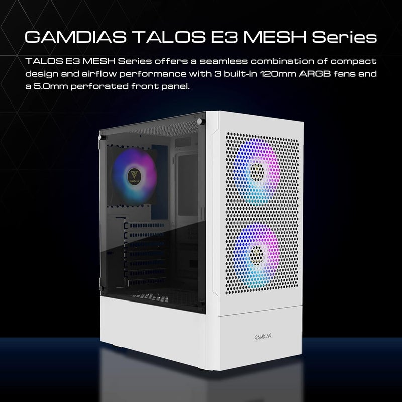 GAMDIAS TALOS E3 MESH WH RGB Streaming Lighting MID Tower Computer Cabinet with 3 Built-in 120mm ARGB Fans Side Tempered Glass Panel with Magnetic Dust Filter - Image 2