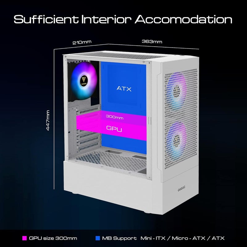GAMDIAS TALOS E3 MESH WH RGB Streaming Lighting MID Tower Computer Cabinet with 3 Built-in 120mm ARGB Fans Side Tempered Glass Panel with Magnetic Dust Filter - Image 5