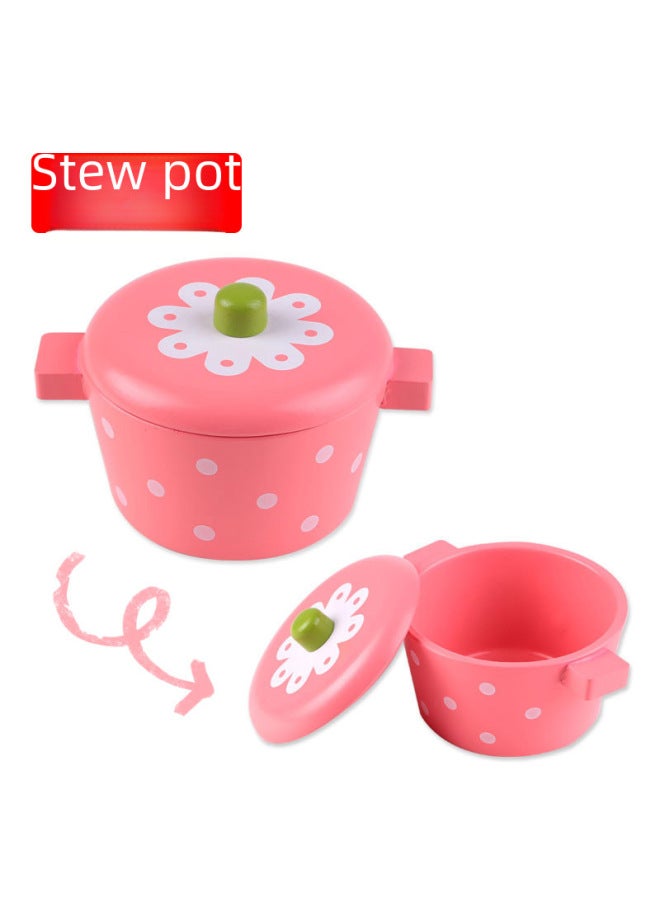 Wooden Kitchen Playset Toy With Flat Bottom Pan Fried Food Toy Simulation Home Role Play Children Educational Toy ToyWoo-Color:Powder Teapot - Image 4
