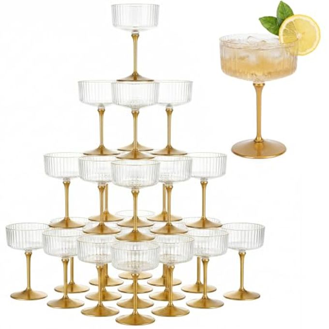 Zealor 28PCS Plastic Martini Glasses Disposable, 10oz Plastic Martini Glasses Bulk With Rim and Stem Detachable Reusable Champagne Ribbed Coupe Cups Transparent Striped for Wedding Cocktail Party Bars