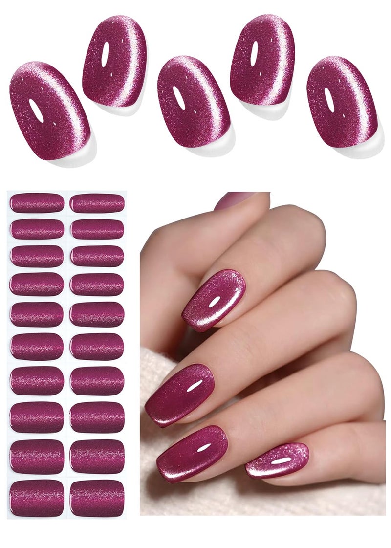 Wahrshei Semi Cured Gel Nail Strips, Berry Cat Eye 20pcs Adhesive UV Sticker, Wraps for Home Manicure DIY - Image 1