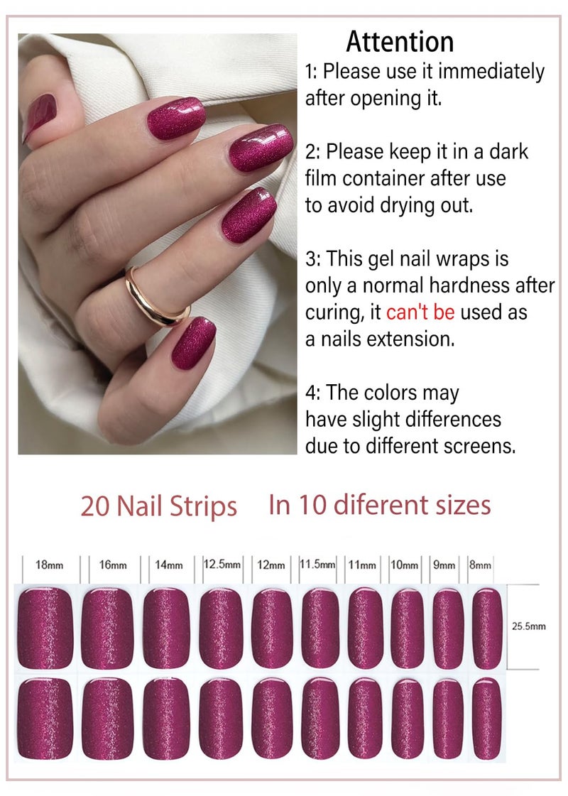 Wahrshei Semi Cured Gel Nail Strips, Berry Cat Eye 20pcs Adhesive UV Sticker, Wraps for Home Manicure DIY - Image 2
