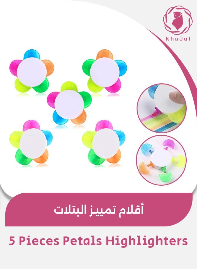 خاجول أقلام تمييز بتلات الزهور، 5 قطع، ألوان مائية متنوعة، أقلام فلورسنت 5 في 1، للوازم المكتبية والمدرسة الجمالية - Image 1