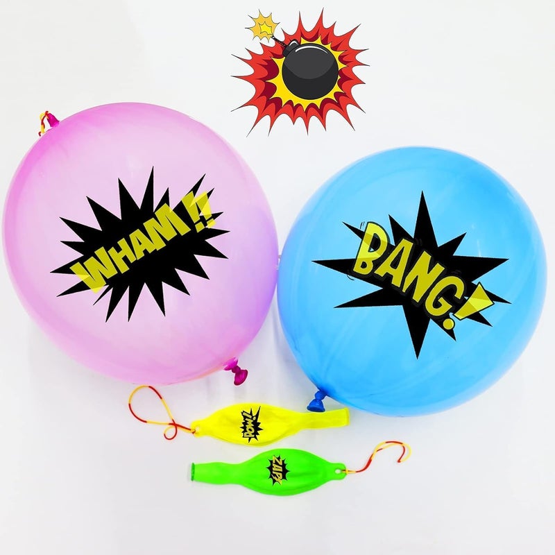 MAXDUCK 30Pack Hero Punch Balloons for Kids, Party Game Favor Supplies Decorations, Assorted Color Comic Hero Design Punch Balloons for School Classroom Game, Kids Hand Out - Image 3