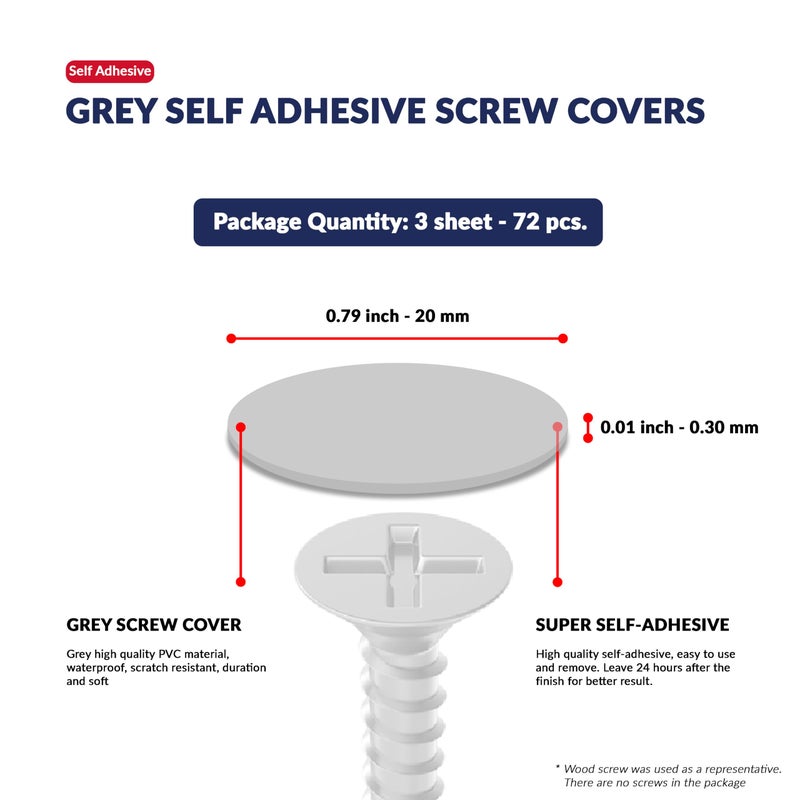 UNMAR Grey Self-Adhesive Screw Hole Stickers - 72 Pcs. 0.79 Inch / 20 Mm Peel Stick Dust Proof Tape, Water Resistance Pvc Caps For Wood Cabinets, Furniture, Drawer, Wardrobe, Kitchen, Table - Image 2