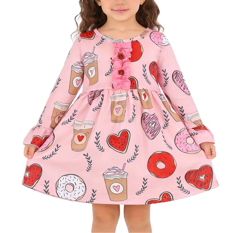 DACSOIT Valentine's Day Toddler Girl Dress Love Hearts Print Ruffle Bottom Long Sleeve Casual Dress 5-6Y - Image 1