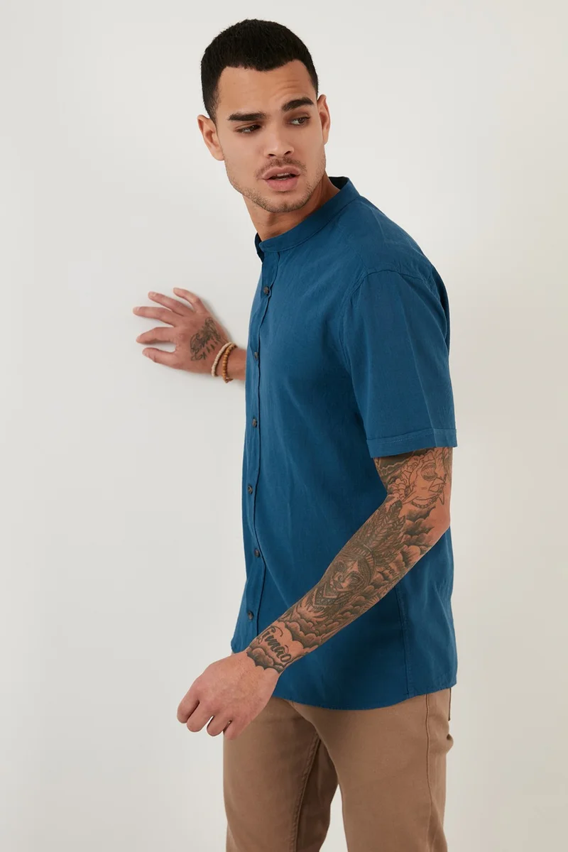 بوراتي Linen Look Collar Short Sleeve 100% Cotton Shirt Men's Shirt CF21S113899