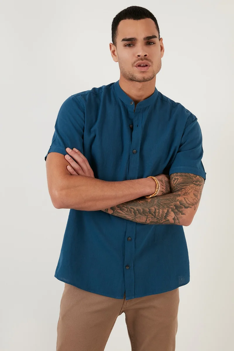 بوراتي Linen Look Collar Short Sleeve 100% Cotton Shirt Men's Shirt CF21S113899