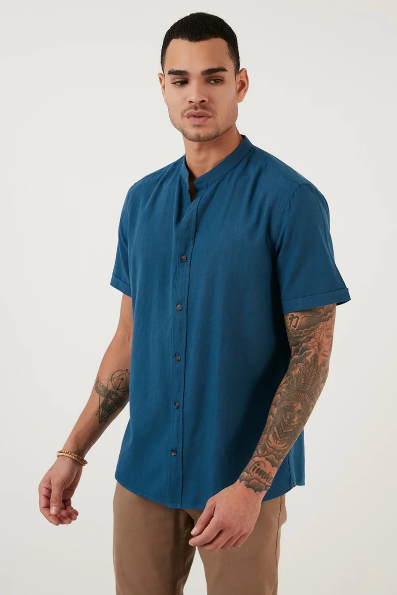 بوراتي Linen Look Collar Short Sleeve 100% Cotton Shirt Men's Shirt CF21S113899