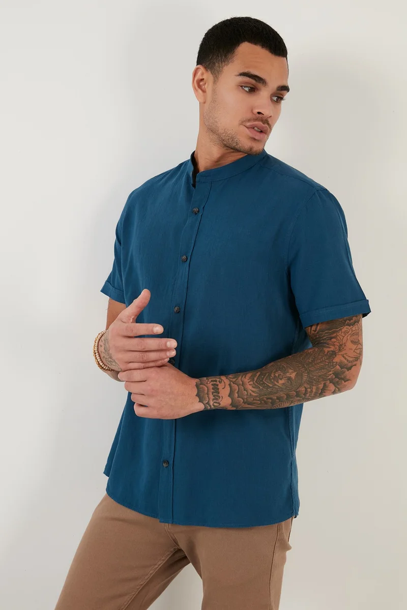 بوراتي Linen Look Collar Short Sleeve 100% Cotton Shirt Men's Shirt CF21S113899