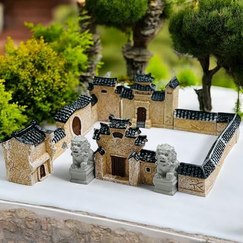 Moira 13pcs Mini Chinese Ancient Architecture Model Set, Traditional House with Guardian Lions, Decorative Display Piece - Image 2