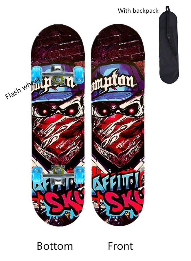 ZCM-HAPPY Beginner Four Wheel Flash Skateboard 80*20cm with Backpack for Boys and Girls, 7-Layer Maple Double Kick Concave Skateboard for Kids and Adults