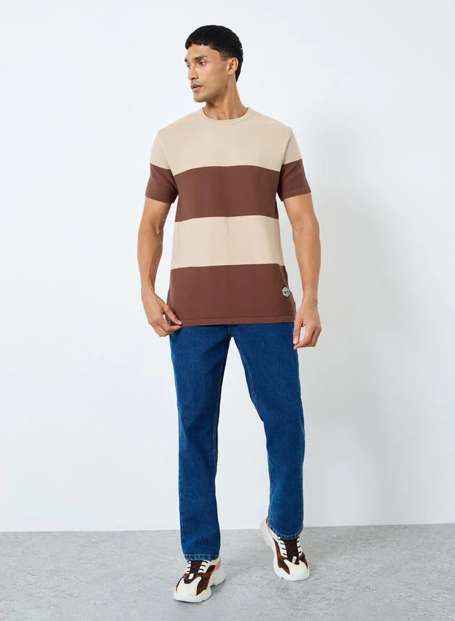 Styli Styli Men Beige Striped Knitted Boxy Fit T-Shirt