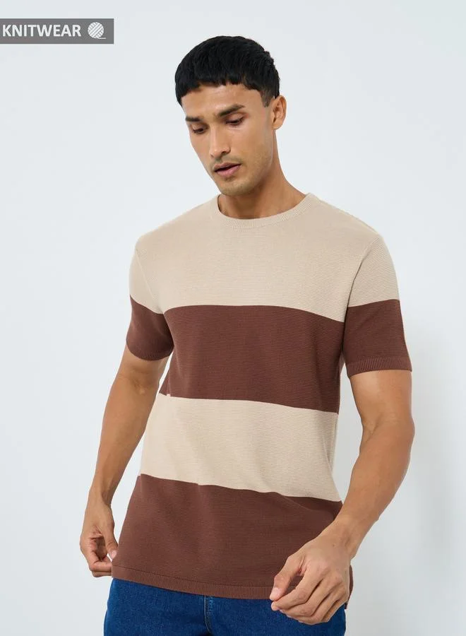 Styli Styli Men Beige Striped Knitted Boxy Fit T-Shirt