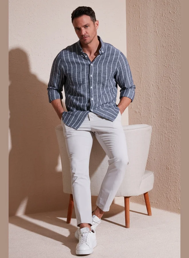 بوراتي قميص رجالي قطن مخطط بياقة قميص بأزرار بقصة عادية