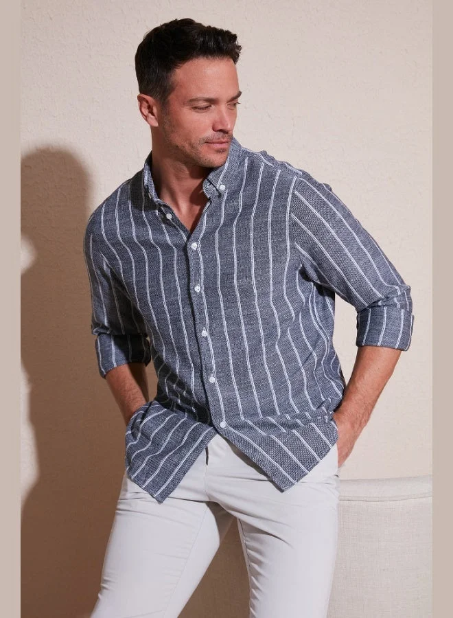 بوراتي قميص رجالي قطن مخطط بياقة قميص بأزرار بقصة عادية