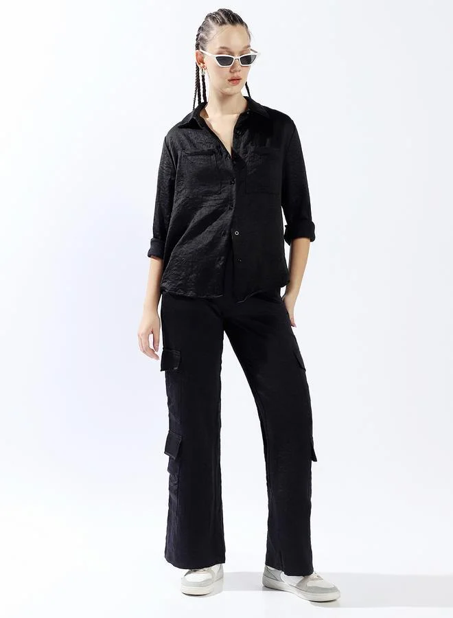 هوبرهولمي قميص نسائي أسود بأزرار من البوليستر 1%