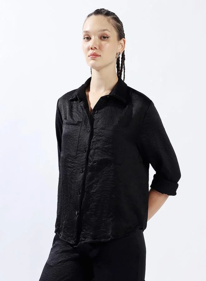 Hubberholme Women's Black 100% Polyester Solid Pattern Button Down Oversized Shirt