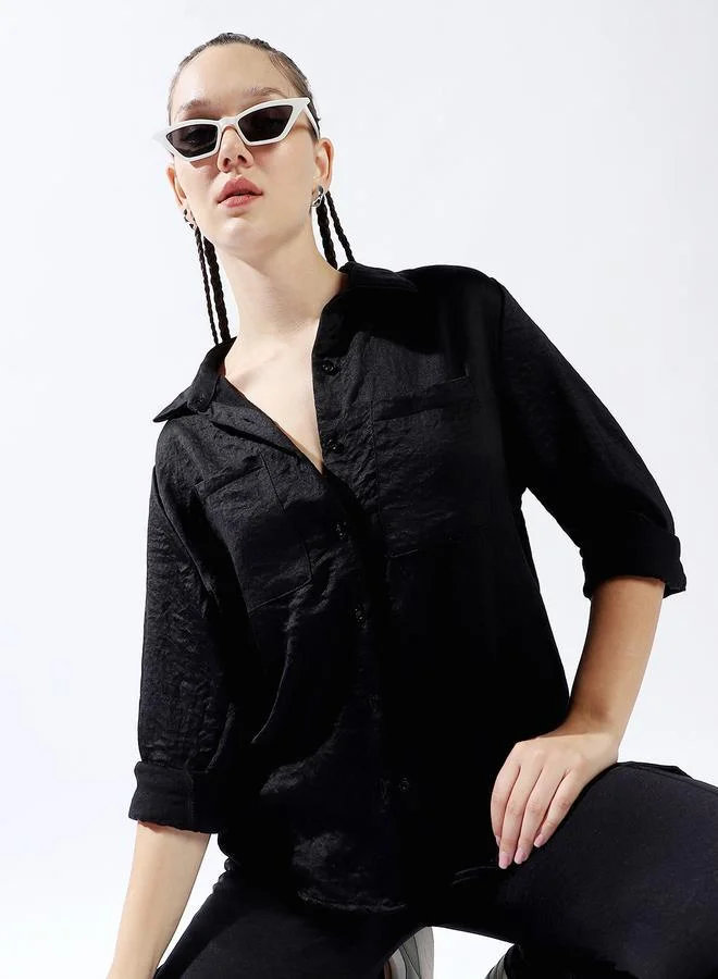 Hubberholme Women's Black 100% Polyester Solid Pattern Button Down Oversized Shirt