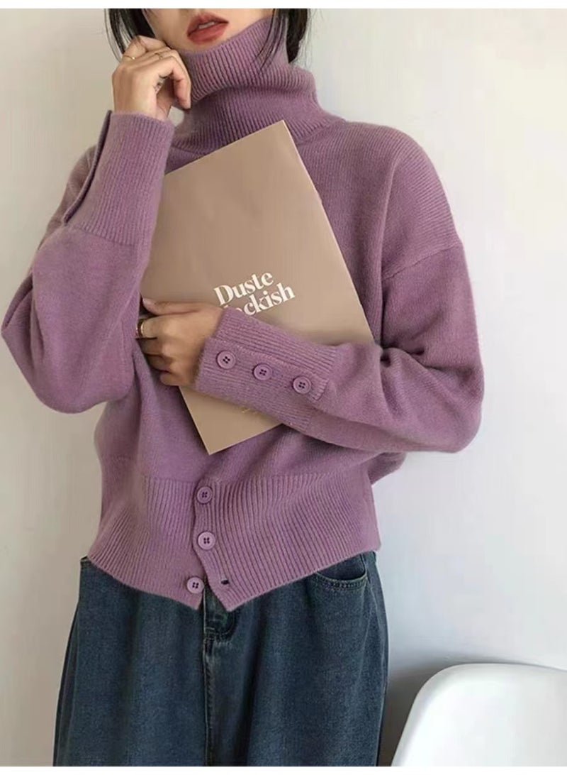 NIBEMINENT Women  Autumn Winter Turtleneck Pullovers Buttons Knit Sweater Female Loose Soft Solid Color Korean High-neck Sweater Women