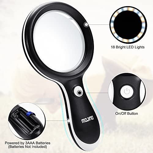 MOJINO 10X Lighted Large Handheld Reading Magnifier Glasses with 18 LED Lights for Macular Degeneration, Seniors & Kids Reading, Inspection, Coins, Jewelry, Exploring - Image 3
