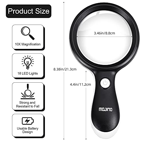 MOJINO 10X Lighted Large Handheld Reading Magnifier Glasses with 18 LED Lights for Macular Degeneration, Seniors & Kids Reading, Inspection, Coins, Jewelry, Exploring - Image 2