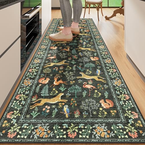 DUKINO 2.6x8 Rug for Hallway, Washable Kitchen Runner Rug with Non Slip Backing, Soft Low Pile Vintage Animal Runner for Bedroom, Kitchen, Hallway, Entryway, Laundry, Black - Image 1