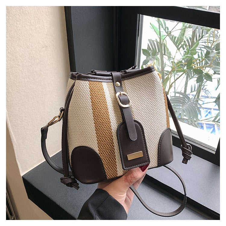 Striped Color-Block Handbag Bucket Bag For Women 2023 Autumn New Korean Version Shoulder Crossbody Bag With Color-Block Design - Image 1