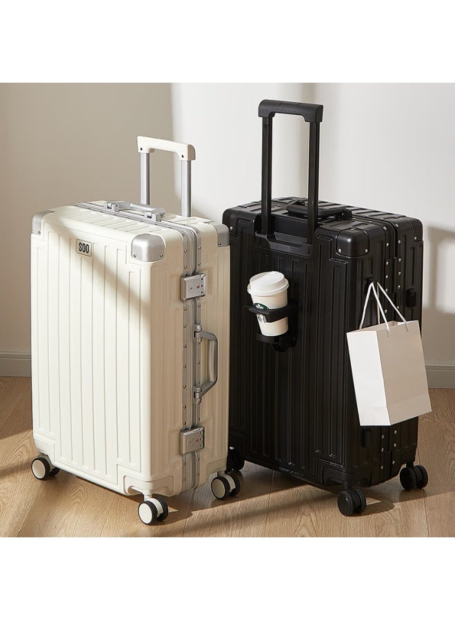 Soo Aluminum Frame Luggage High-value Trolley Case Large Capacity Travel Suitcase Password Box Trunk Cup Holder White 28 Inch - Image 1