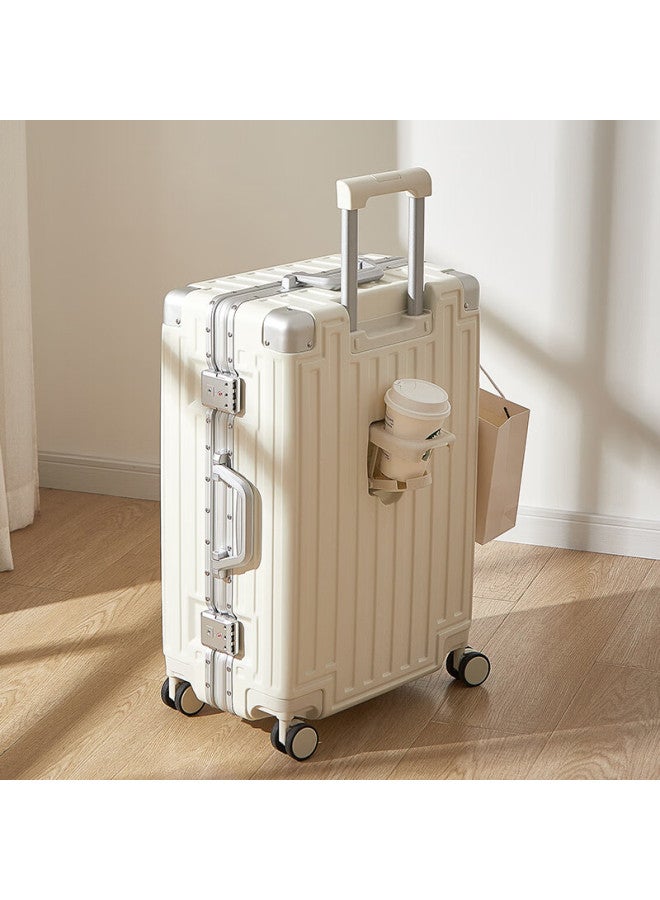 Soo Aluminum Frame Luggage High-value Trolley Case Large Capacity Travel Suitcase Password Box Trunk Cup Holder White 28 Inch - Image 5