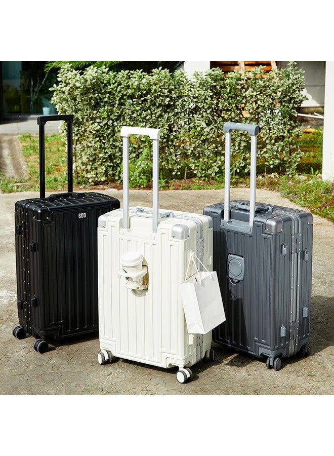 Soo Aluminum Frame Luggage High-value Trolley Case Large Capacity Travel Suitcase Password Box Trunk Cup Holder White 28 Inch - Image 4