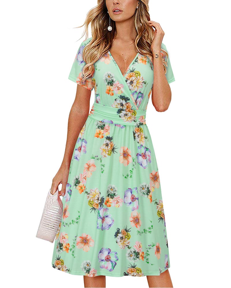 OUGES Casual Spring Summer Dress for Women 2026 Wrap V Neck A Line Midi Party Dresses with Pockets(FloralZ09,M) - Image 1
