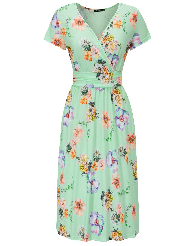 OUGES Casual Spring Summer Dress for Women 2026 Wrap V Neck A Line Midi Party Dresses with Pockets(FloralZ09,M) - Image 3