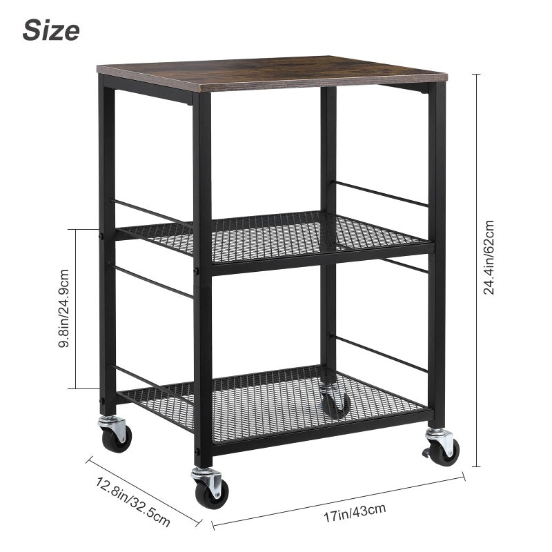 MOOACE Rustic 3 Tier End Table with Wheel,Side Table Nightstand Storage Shelf for Bedroom,Kitchen,Living Room and Office, Stable Metal Frame,Wood Top, Easy Assembly - Brown&Black - Image 2