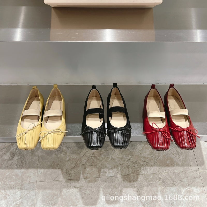 High-End Shallow Pleated Lambskin Rhinestone Double Buckle Flat Ballet Shoes Single Shoes Mary Jane Shoes - Image 2