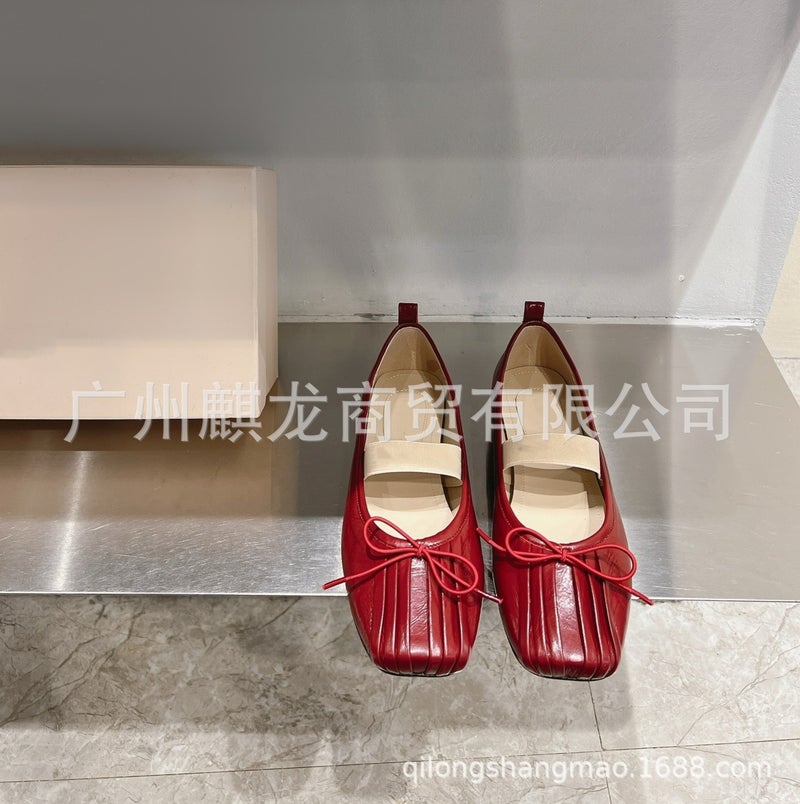 High-End Shallow Pleated Lambskin Rhinestone Double Buckle Flat Ballet Shoes Single Shoes Mary Jane Shoes - Image 5