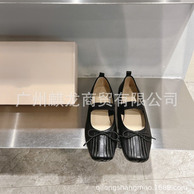 High-End Shallow Pleated Lambskin Rhinestone Double Buckle Flat Ballet Shoes Single Shoes Mary Jane Shoes - Image 4