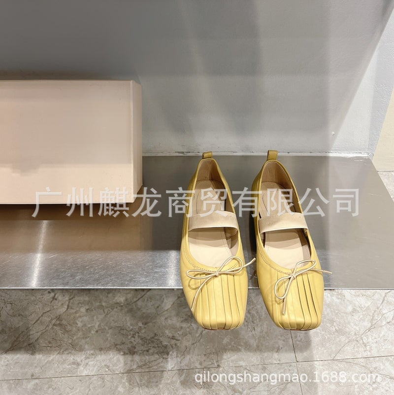 High-End Shallow Pleated Lambskin Rhinestone Double Buckle Flat Ballet Shoes Single Shoes Mary Jane Shoes - Image 1