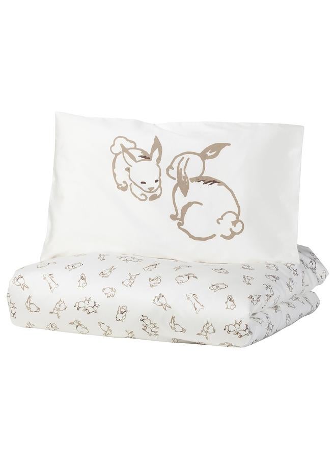 erorex Duvet cover 1 pillowcase for cot, rabbit pattern/white/beige, 110x125/35x55 cm - Image 1