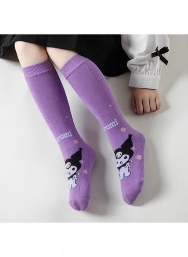 kuromi Girls Knee High Socks, 4 Pairs Cute Cartoon Compression Socks, Comfy Breathable Long Cotton Stocking, Child Fun Sock, Warm Mid Calf Boot Sock, Kids Crazy Fun Gift, Purple - Image 4