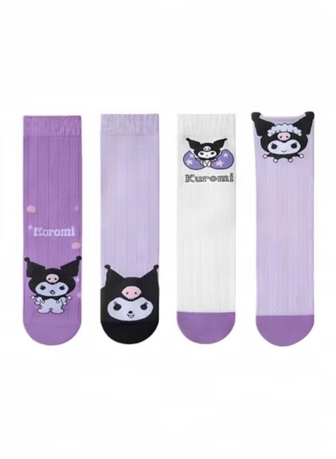 kuromi Girls Knee High Socks, 4 Pairs Cute Cartoon Compression Socks, Comfy Breathable Long Cotton Stocking, Child Fun Sock, Warm Mid Calf Boot Sock, Kids Crazy Fun Gift, Purple - Image 1