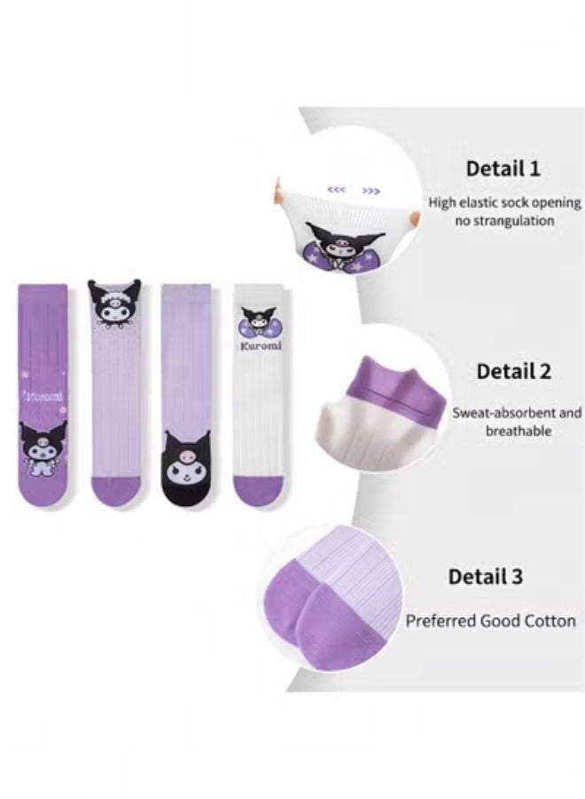 kuromi Girls Knee High Socks, 4 Pairs Cute Cartoon Compression Socks, Comfy Breathable Long Cotton Stocking, Child Fun Sock, Warm Mid Calf Boot Sock, Kids Crazy Fun Gift, Purple - Image 3