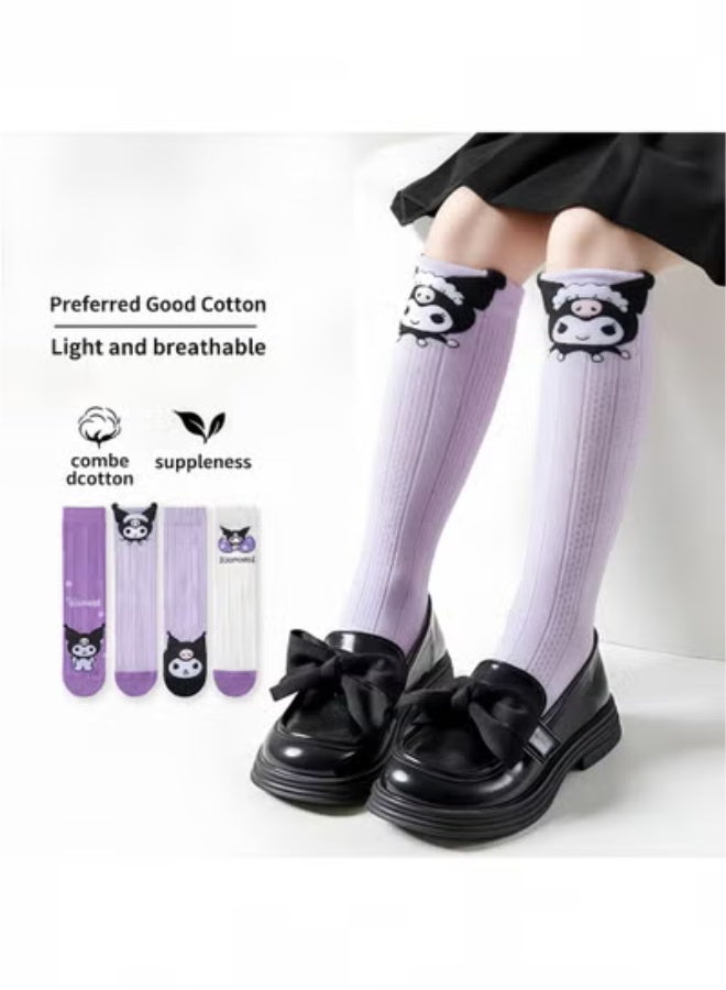 kuromi Girls Knee High Socks, 4 Pairs Cute Cartoon Compression Socks, Comfy Breathable Long Cotton Stocking, Child Fun Sock, Warm Mid Calf Boot Sock, Kids Crazy Fun Gift, Purple - Image 2
